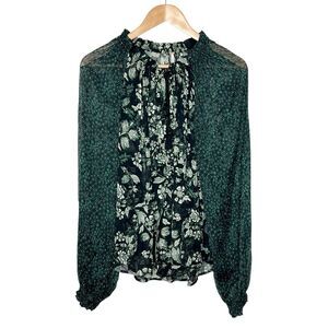 Free People Floral Sheer Blouse Green Womens Small Tasseled Cottage Forest fairy